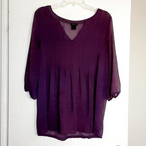 ANN TAYLOR Purple Sheer Chiffon Pleated Tunic; 3/4 Sleeves; Size Small